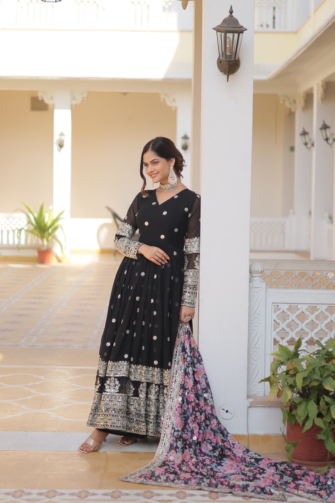 Black Heavy Embroidery Gown With Printed Dupatta
