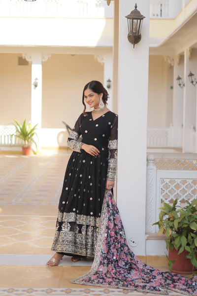 Black Heavy Embroidery Gown With Printed Dupatta
