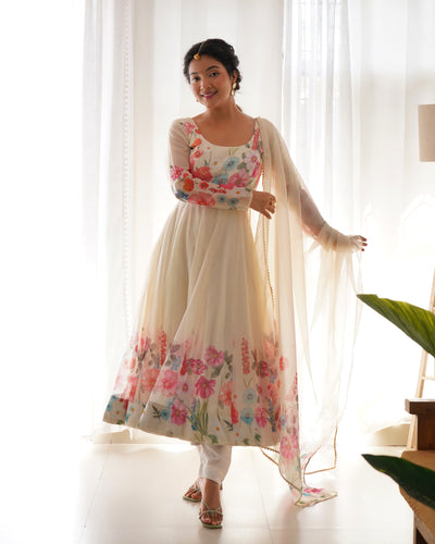 Floral Printed Organza Anarkali Suit Set With Matching Dupatta
