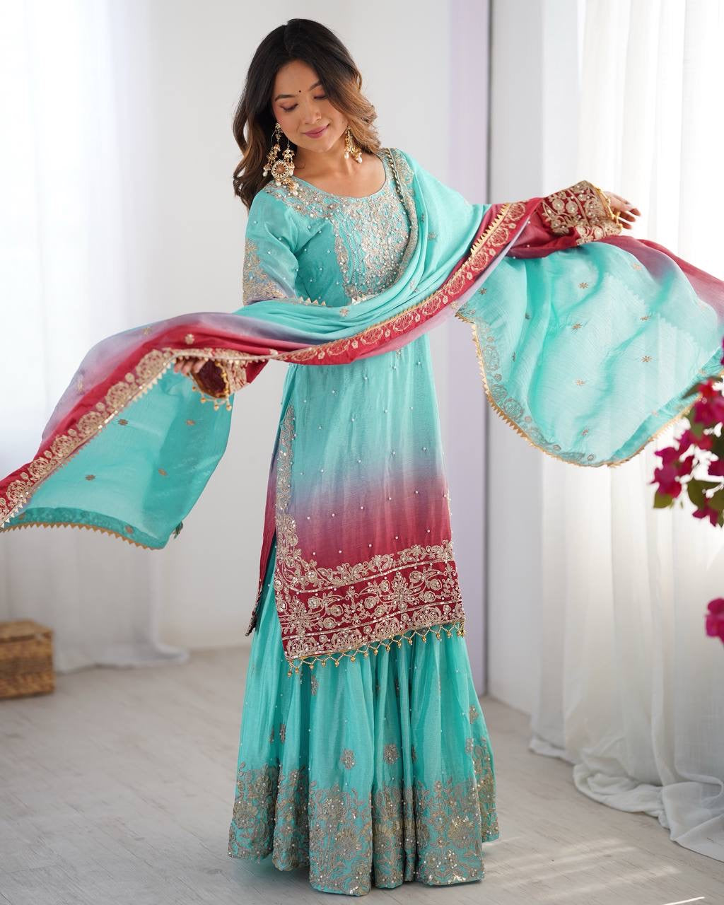 SKY COLOR WEDDING WEAR CHINON SILK PLAZZO DRESS
