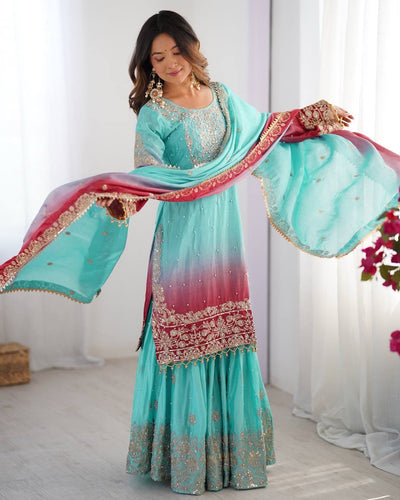 SKY COLOR WEDDING WEAR CHINON SILK PLAZZO DRESS