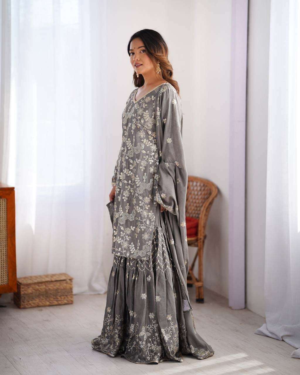Grey Color Designer Chinon Silk Sharara Set