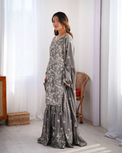Grey Color Designer Chinon Silk Sharara Set