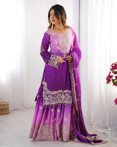 Purple Color Wedding Wear Chinon Silk Plazzo Dress