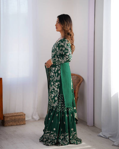 Green Color Designer Chinon Silk Sharara Set