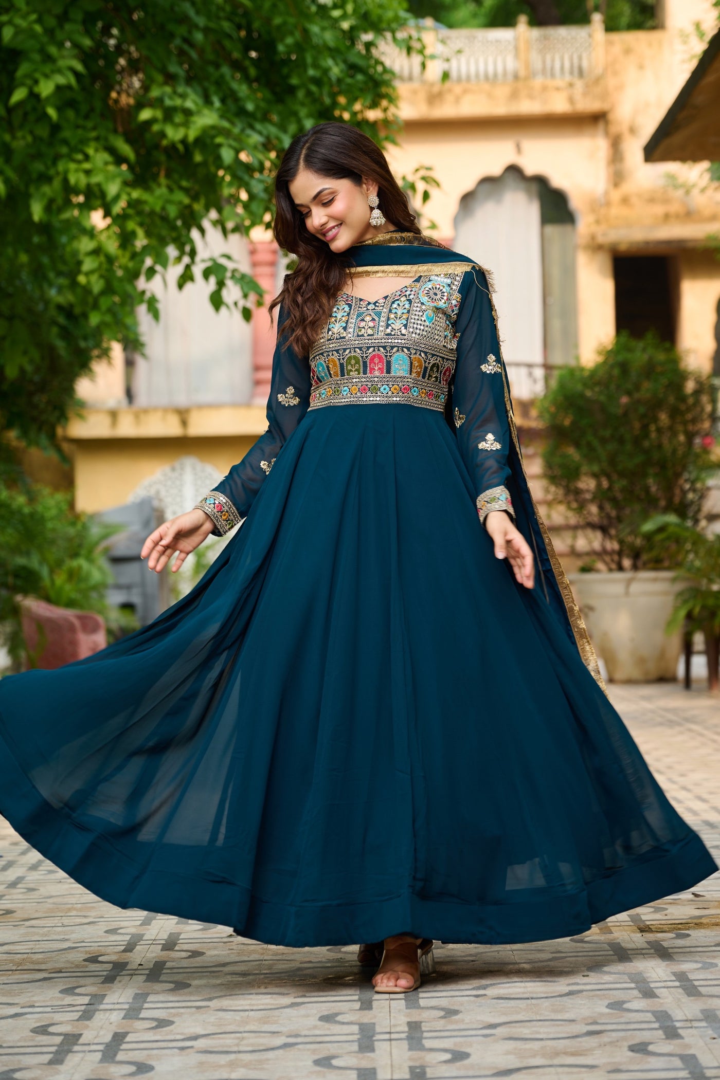 Charming Ethnic Gown With Multi-Thread Work And Zari Lace Dupatta