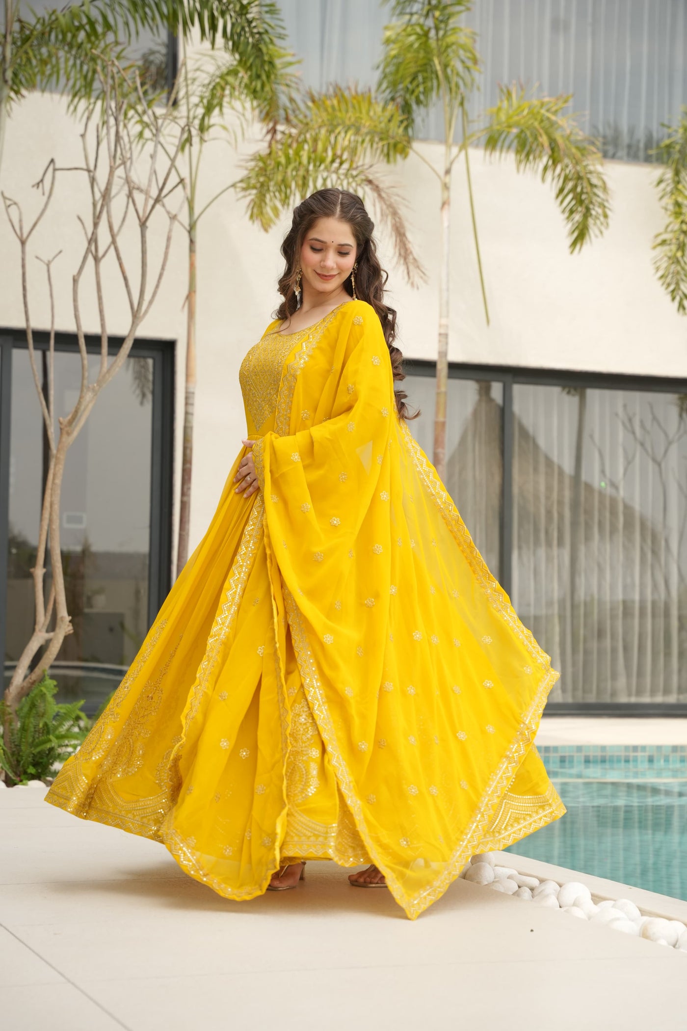 Ethnic Faux Blooming Gown With Embroidery Dupatta