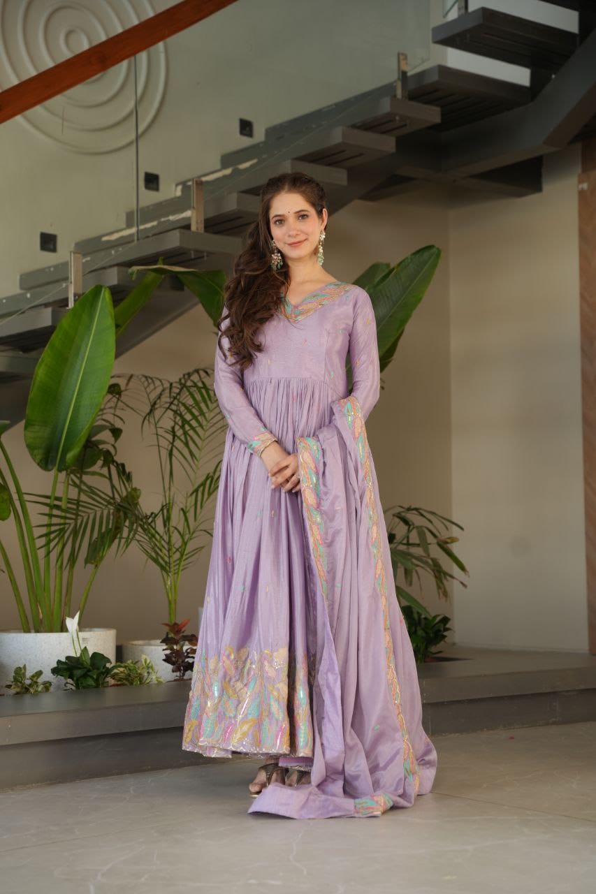 Chinnon Fabric Gown With Sequins & Multi-Thread Embroidered Dupatta