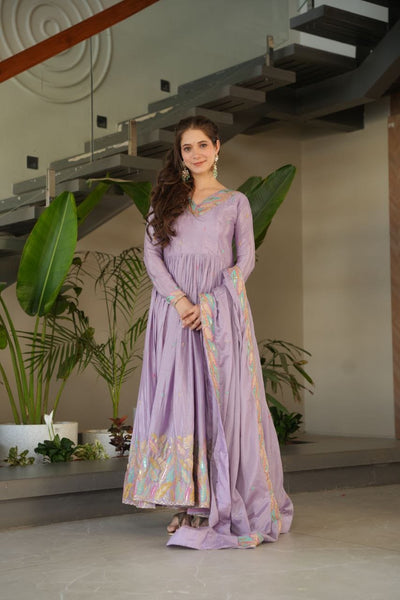 Chinnon Fabric Gown With Sequins & Multi-Thread Embroidered Dupatta