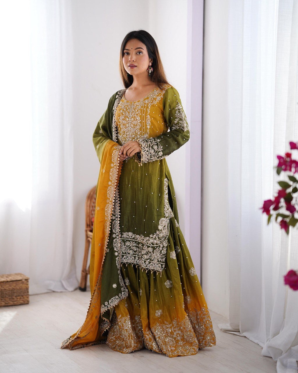 GREEN WITH YELLOW WEDDING WEAR CHINON SILK PLAZZO DRESS