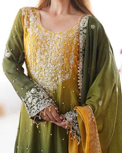GREEN WITH YELLOW WEDDING WEAR CHINON SILK PLAZZO DRESS