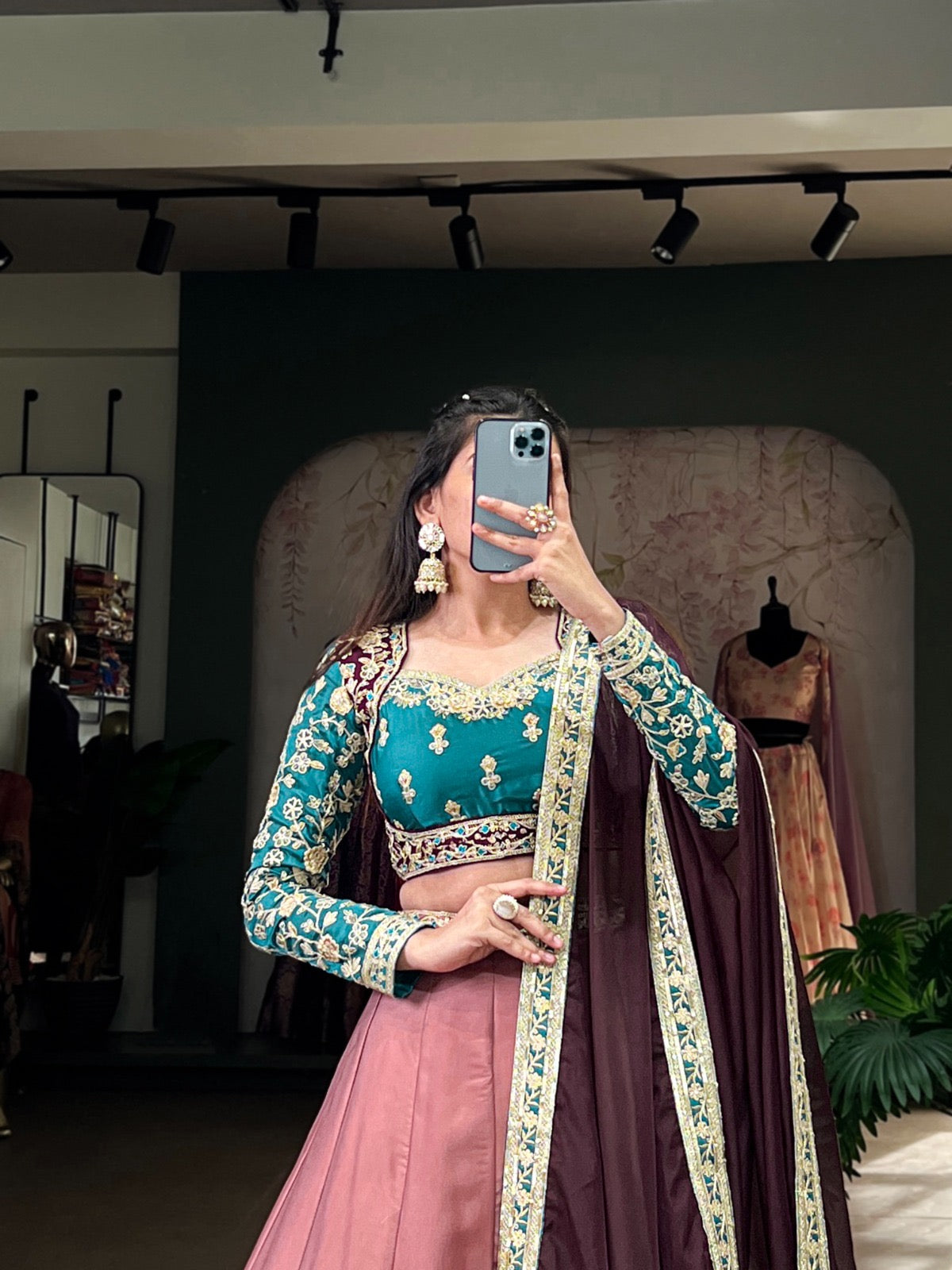 Peach Moonga Silk Lehenga Set with Sequins & Embroidered Organza Dupatta