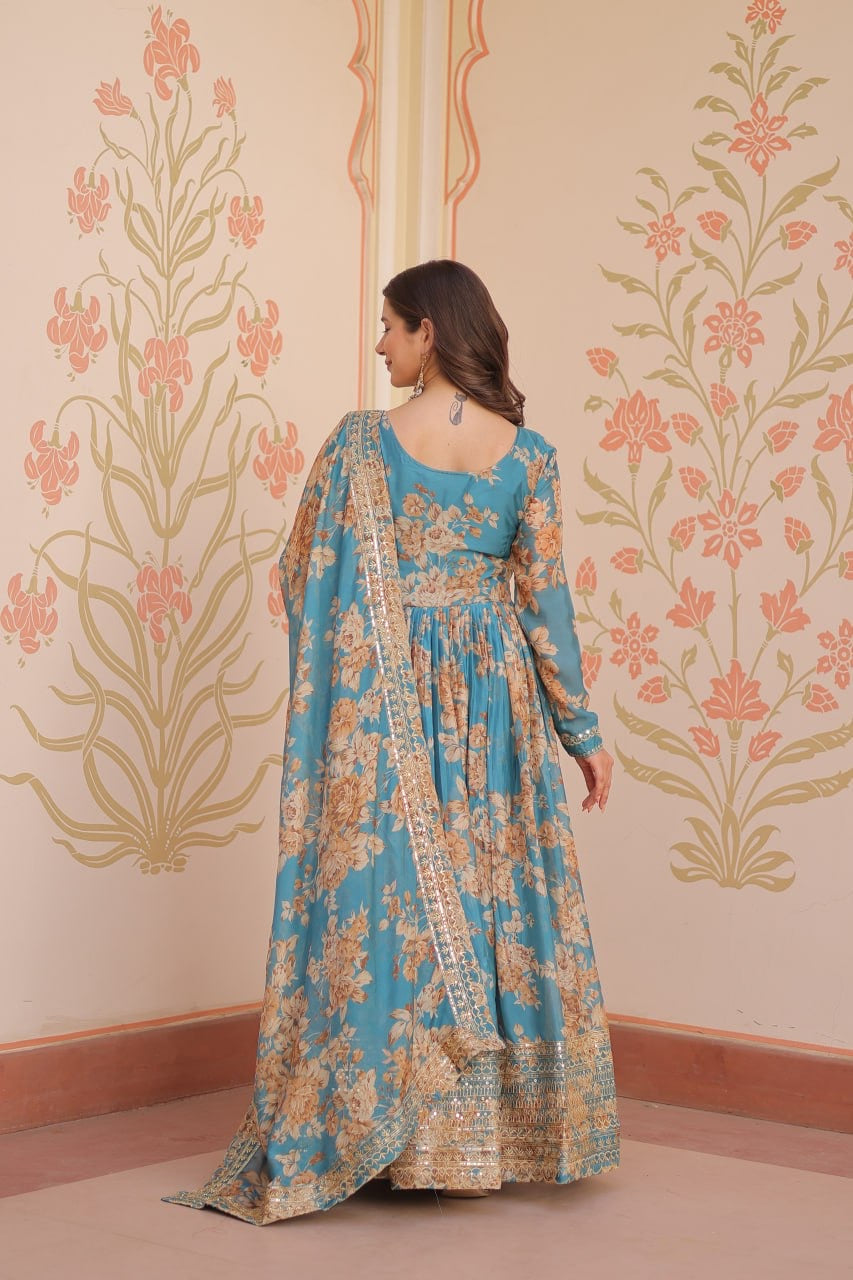 English Russian Silk Gown With Printed Dupatta