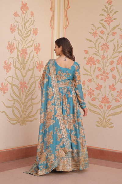 English Russian Silk Gown With Printed Dupatta