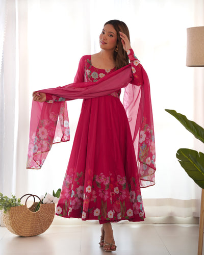 Floral Printed Organza Anarkali Suit Set With Matching Dupatta