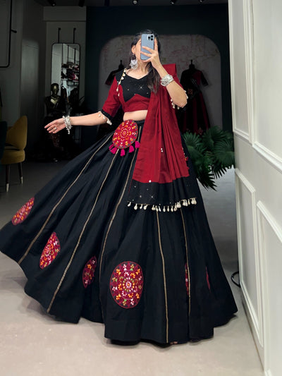 Navratri Special Black Cotton Lehenga Set With Gamthi & Mirror Work