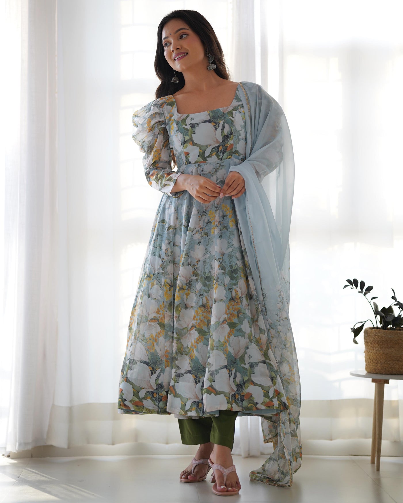 Floral Print Pure Organza Silk Anarkali Set with Dupatta and Ready-to-Wear Pant