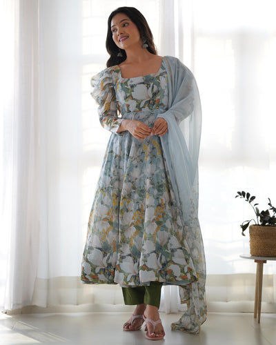 Floral Print Pure Organza Silk Anarkali Set with Dupatta and Ready-to-Wear Pant