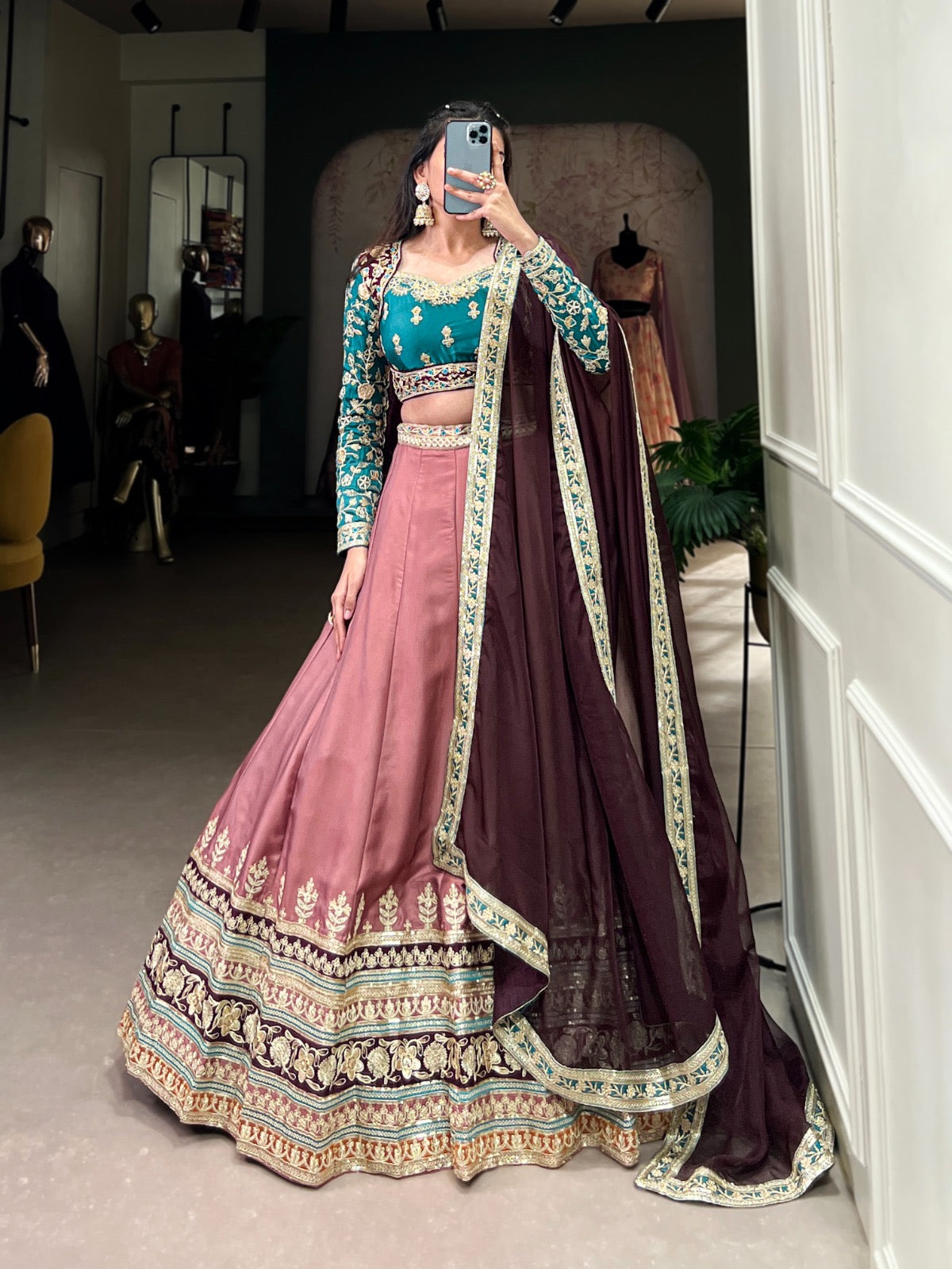 Peach Moonga Silk Lehenga Set with Sequins & Embroidered Organza Dupatta