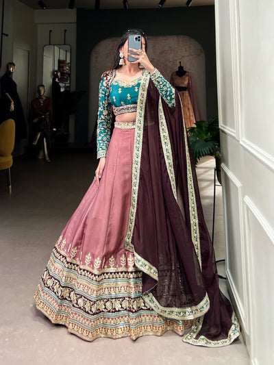 Peach Moonga Silk Lehenga Set with Sequins & Embroidered Organza Dupatta