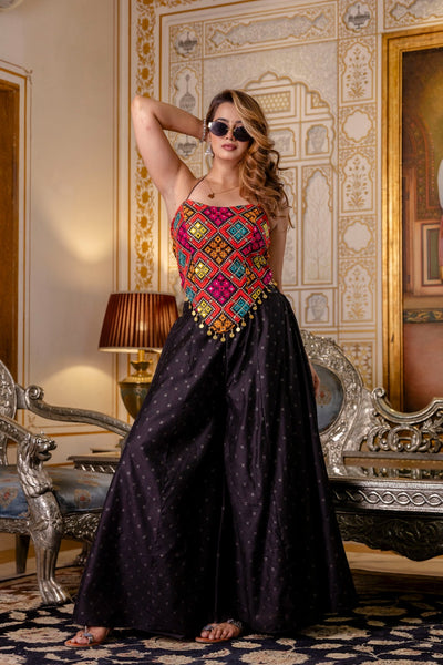 Black Embroidered Top With Pure Butti Flary Palazzo Set