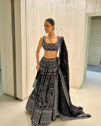 Black Faux Georgette Lehenga With Heavy Blouse And Dupatta