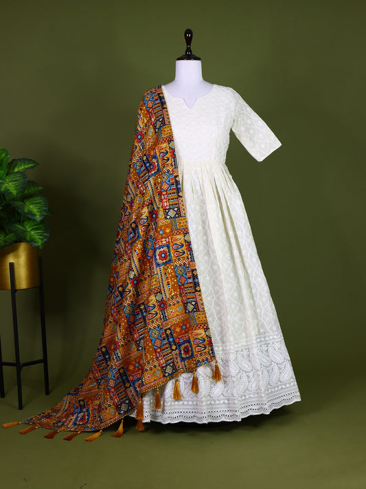 White Lucknowi Chikankari Cotton Gown with Foil Print Linen Dupatta