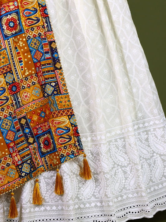 White Lucknowi Chikankari Cotton Gown with Foil Print Linen Dupatta