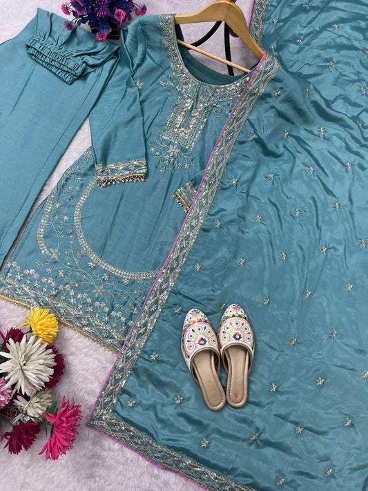 Designer Chinon Silk Embroidered Top Pent Set with Dupatta