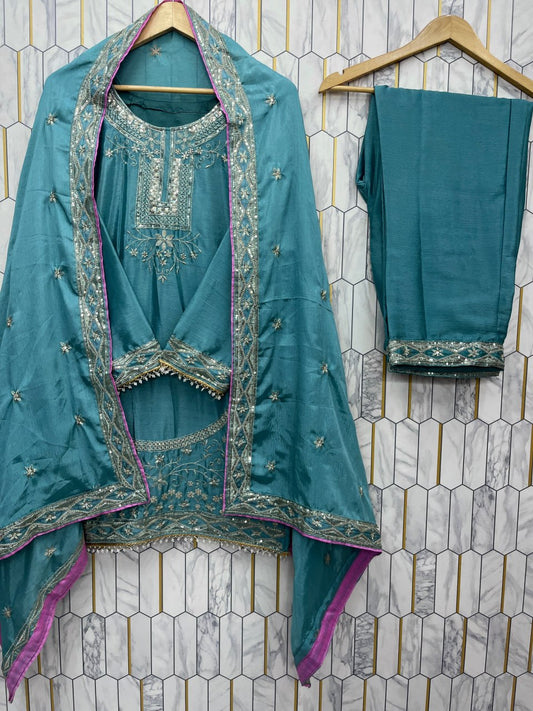 Designer Chinon Silk Embroidered Top Pent Set with Dupatta