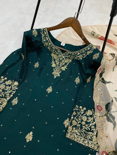 Green Heavy Chinon Suit with Full Flair Sharara & Dupatta