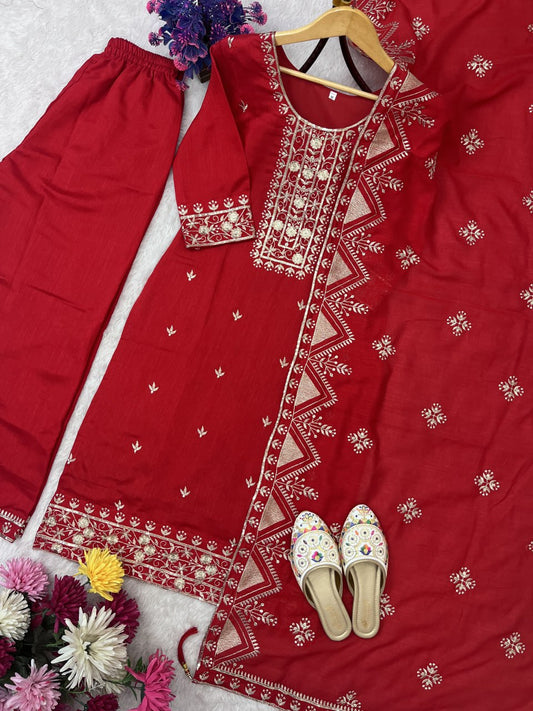 Designer Vichitra Silk Embroidered Top Pent Set with Dupatta