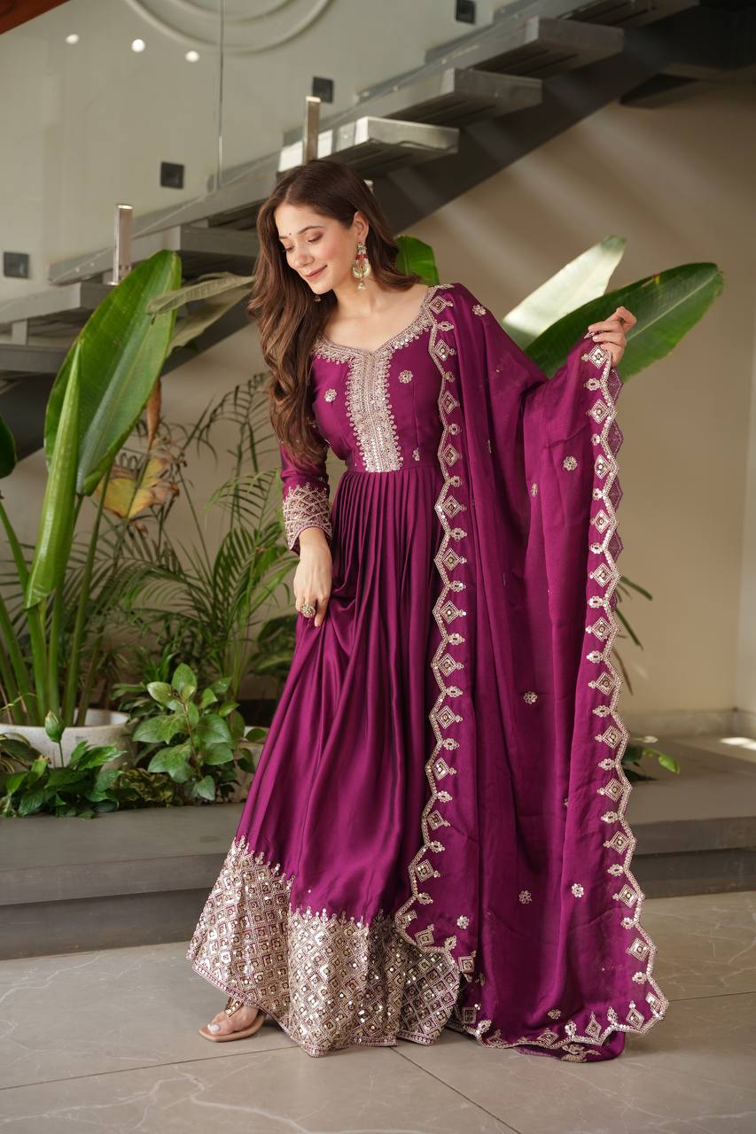 Designer Heavy Noha Crush Silk Embroidered Gown with Dupatta