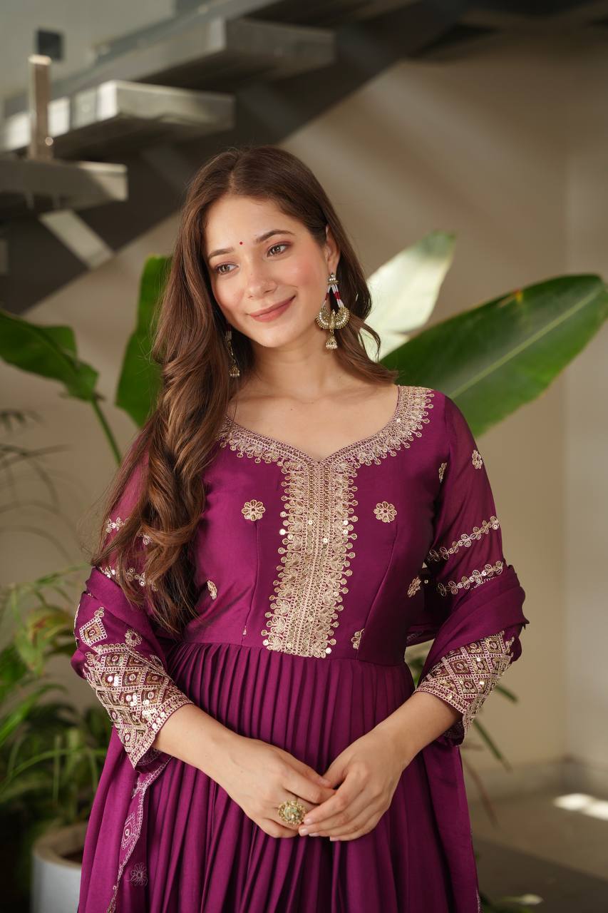 Designer Heavy Noha Crush Silk Embroidered Gown with Dupatta