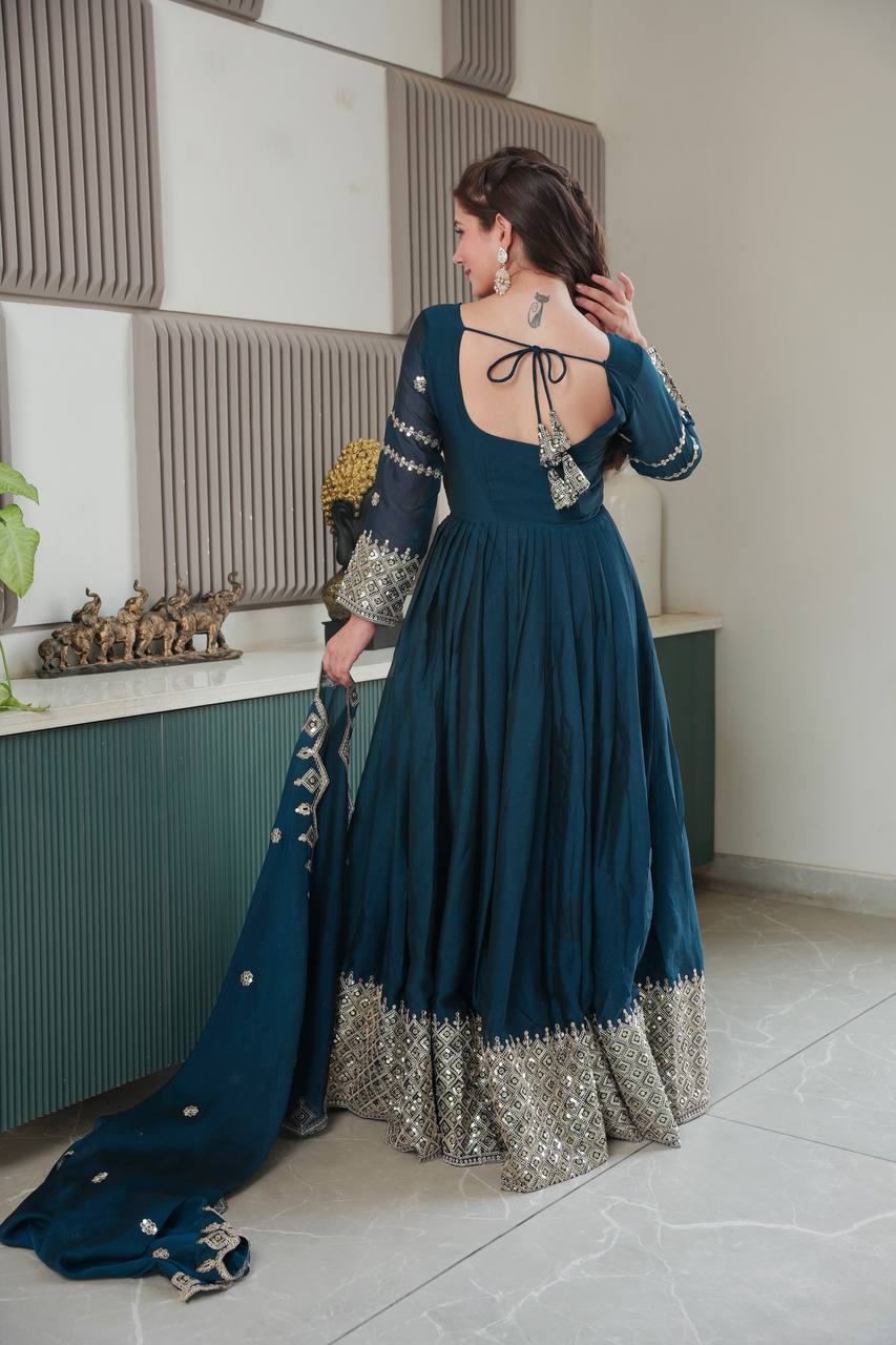 Designer Heavy Noha Crush Silk Embroidered Gown with Dupatta