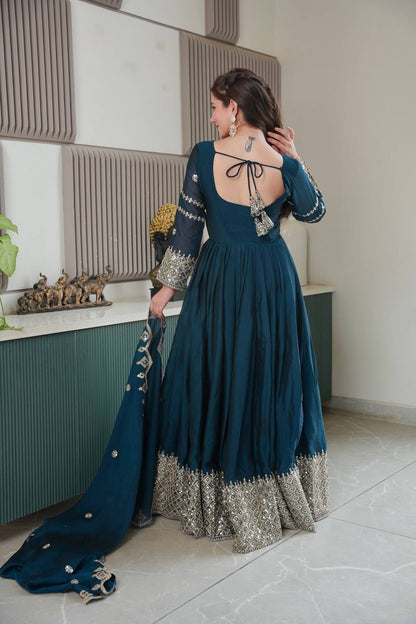 Designer Heavy Noha Crush Silk Embroidered Gown with Dupatta