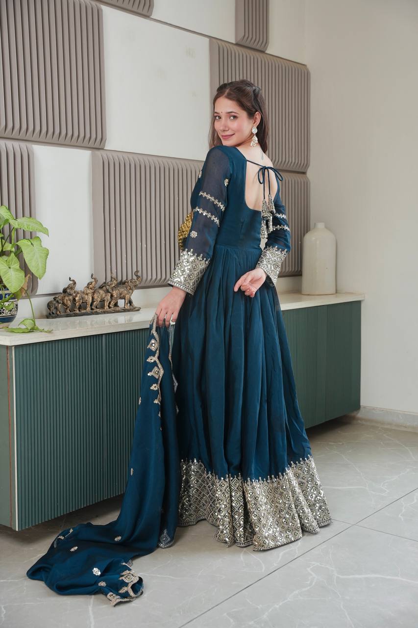 Designer Heavy Noha Crush Silk Embroidered Gown with Dupatta