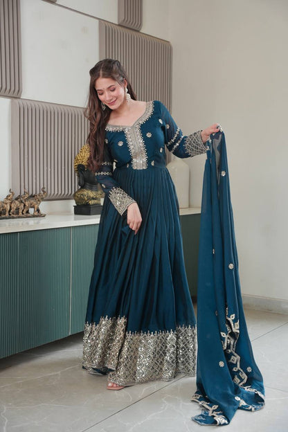 Designer Heavy Noha Crush Silk Embroidered Gown with Dupatta