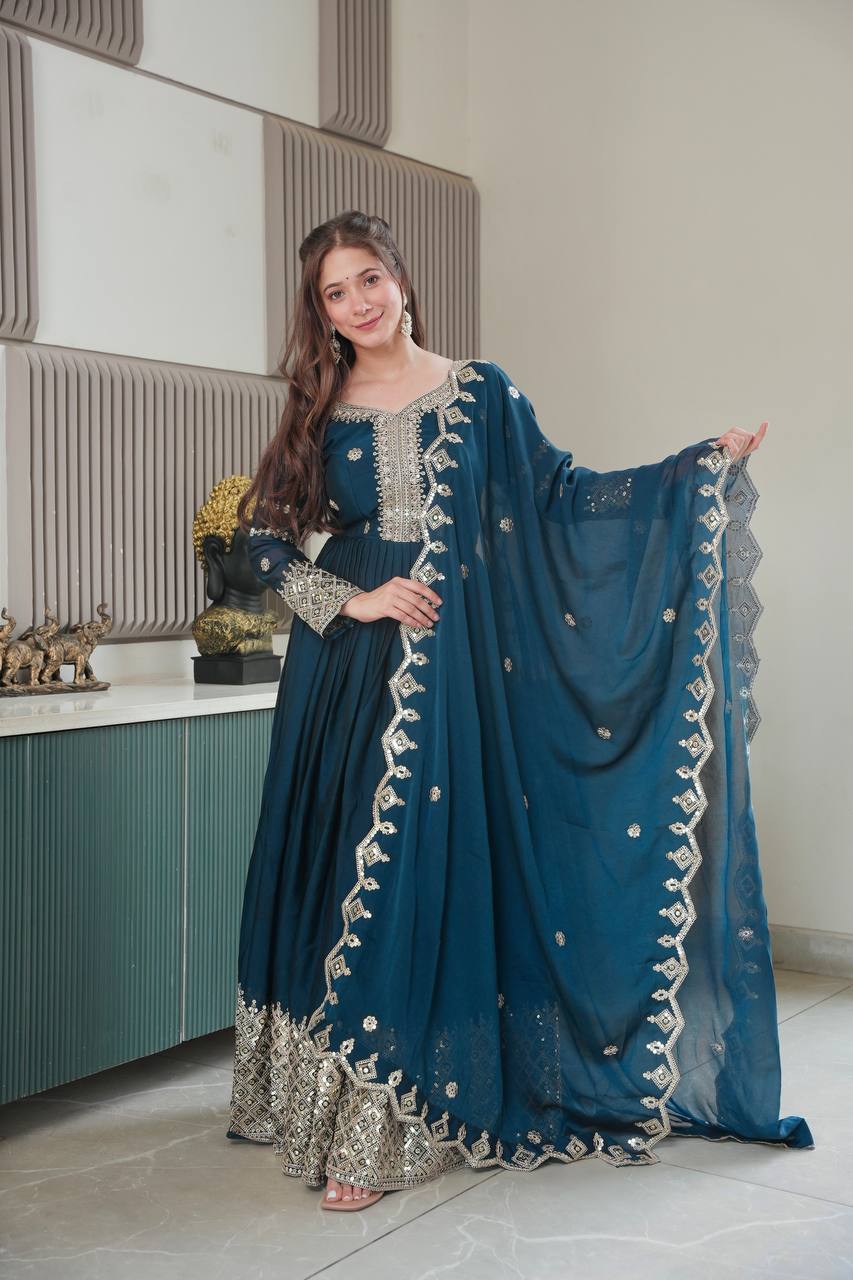 Designer Heavy Noha Crush Silk Embroidered Gown with Dupatta
