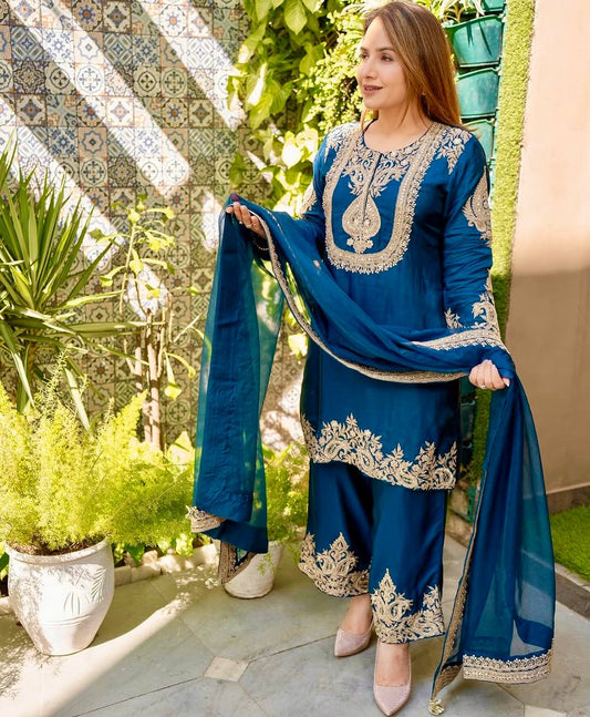 Designer Heavy Chinon Silk Embroidered Top Pant Set with Dupatta