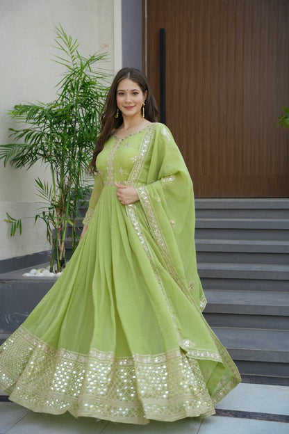 Real Modelling Designer Heavy Crunchy Silk Embroidered Gown with Dupatta