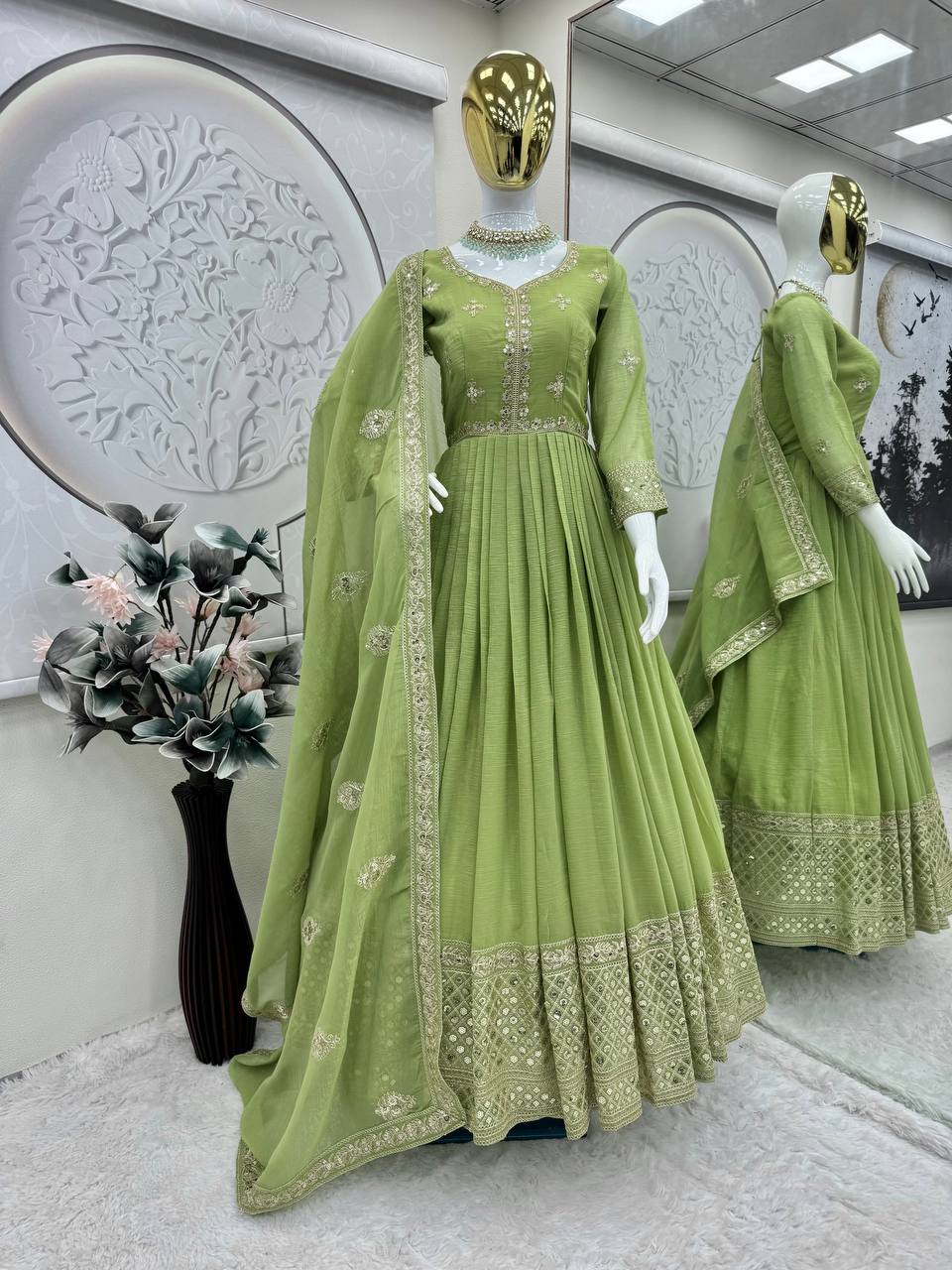 Real Modelling Designer Heavy Crunchy Silk Embroidered Gown with Dupatta