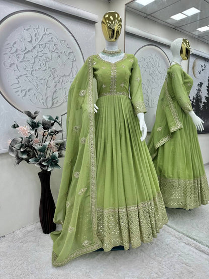 Real Modelling Designer Heavy Crunchy Silk Embroidered Gown with Dupatta