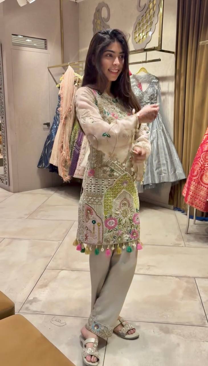 Designer Faux Georgette Embroidered Top with Real Mirror Work, Pant & Dupatta