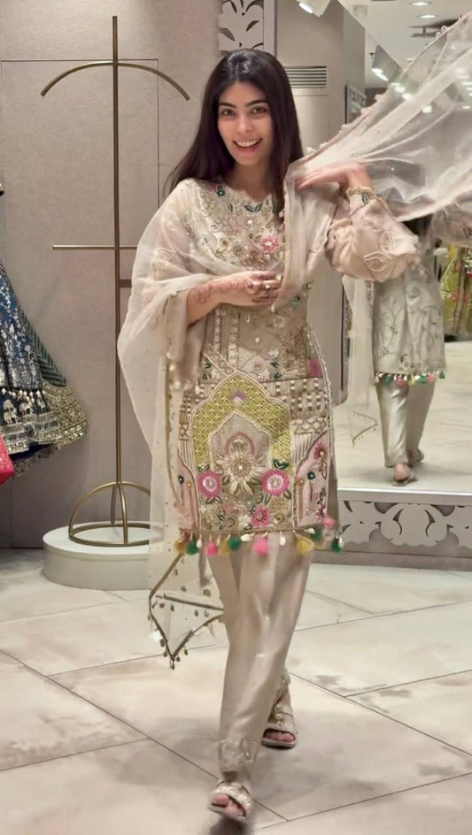 Designer Faux Georgette Embroidered Top with Real Mirror Work, Pant & Dupatta