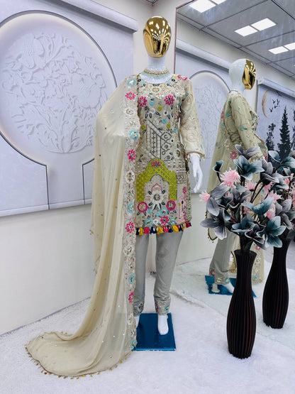 Designer Faux Georgette Embroidered Top with Real Mirror Work, Pant & Dupatta