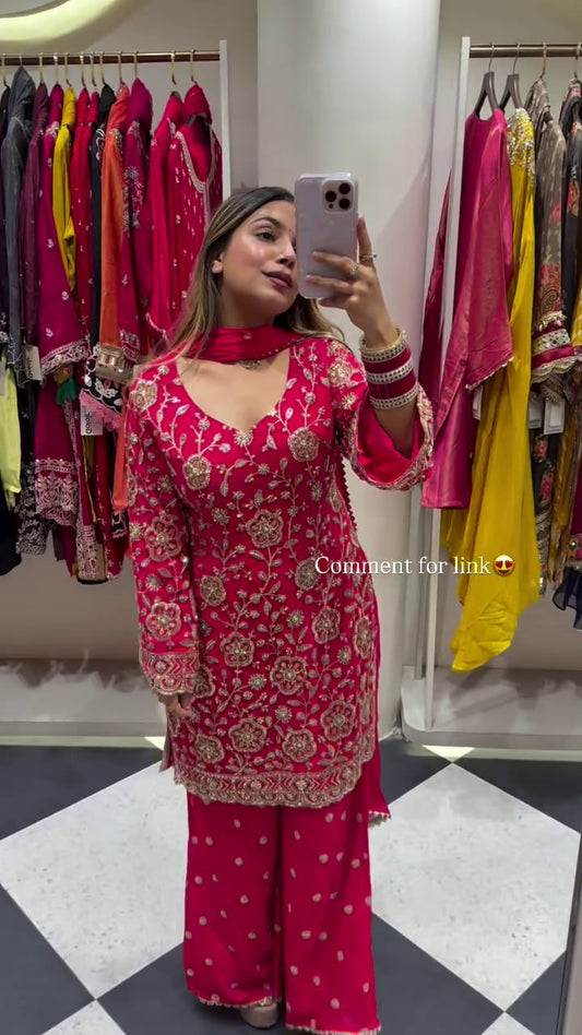 Designer Faux Georgette Embroidered Top Plazzo Set with Dupatta