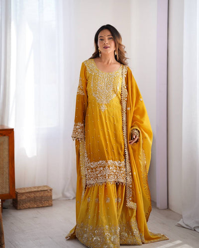 YELLOW WEDDING WEAR CHINON SILK PLAZZO DRESS