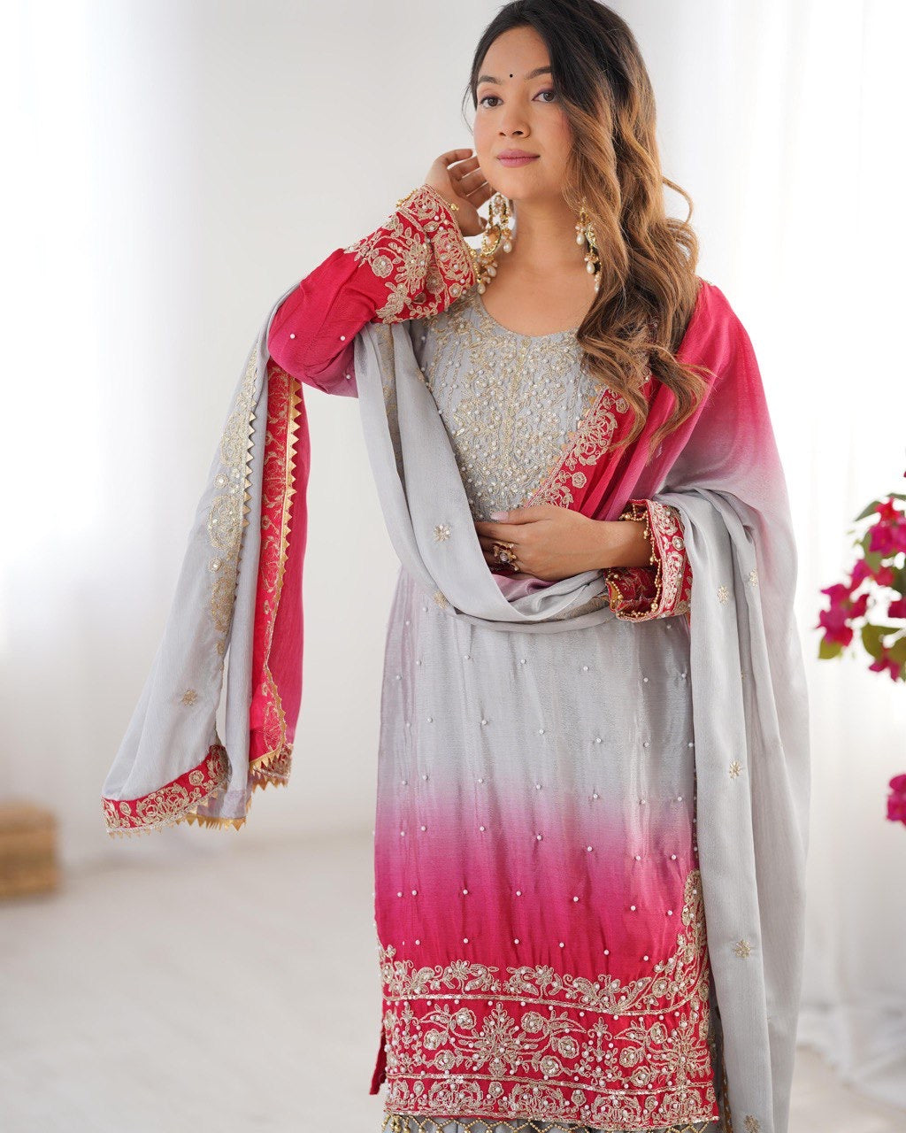 Dusty Pink Color Wedding Wear Chinon Silk Plazzo Dress