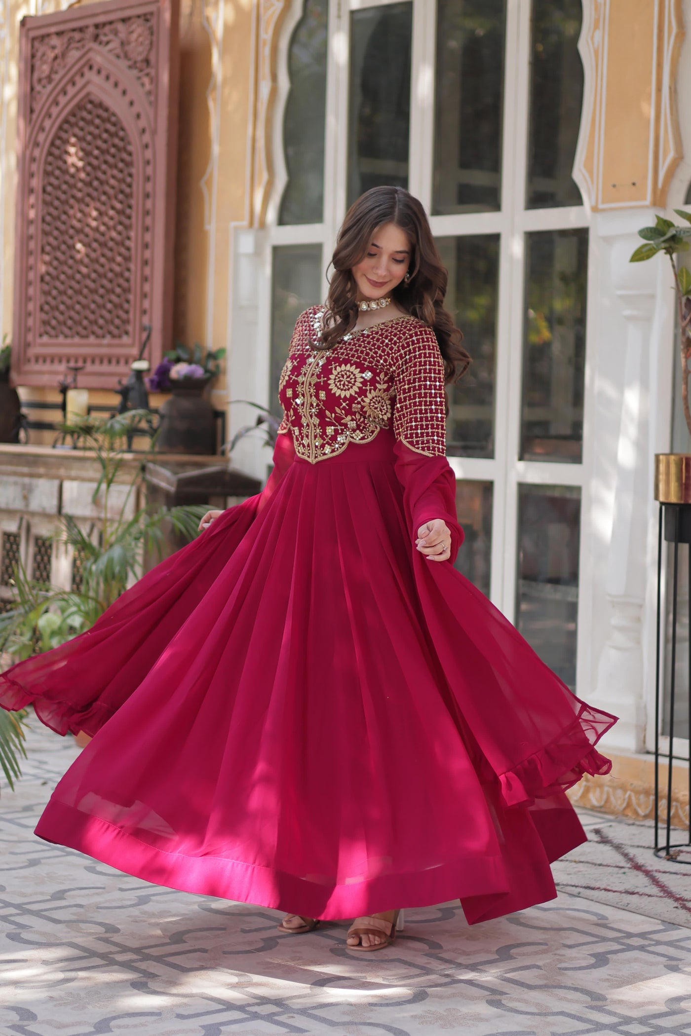 Pink Ethnic Georgette Gown With Fancy Dupatta